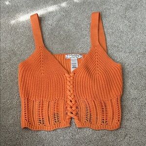 Orange Knit Lace-Up Tank Top